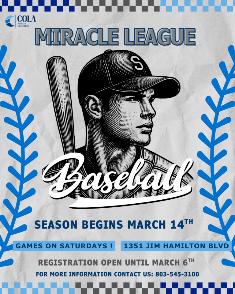 Flyer showing man with baseball bat. Giving information for Miracle League with Parks and Recreation. For decorative purposes.