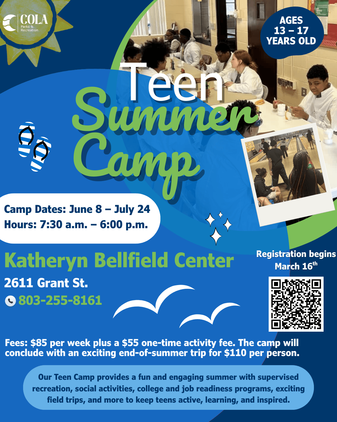 Teen Summer Camp 2026 flyer showing camp dates June 8 through July 24. Weekly cost is $85 with a $55 activity fee. Optional summer trip to Carowinds costs $110. Camp hours are 7:30 AM to 6:00 PM.