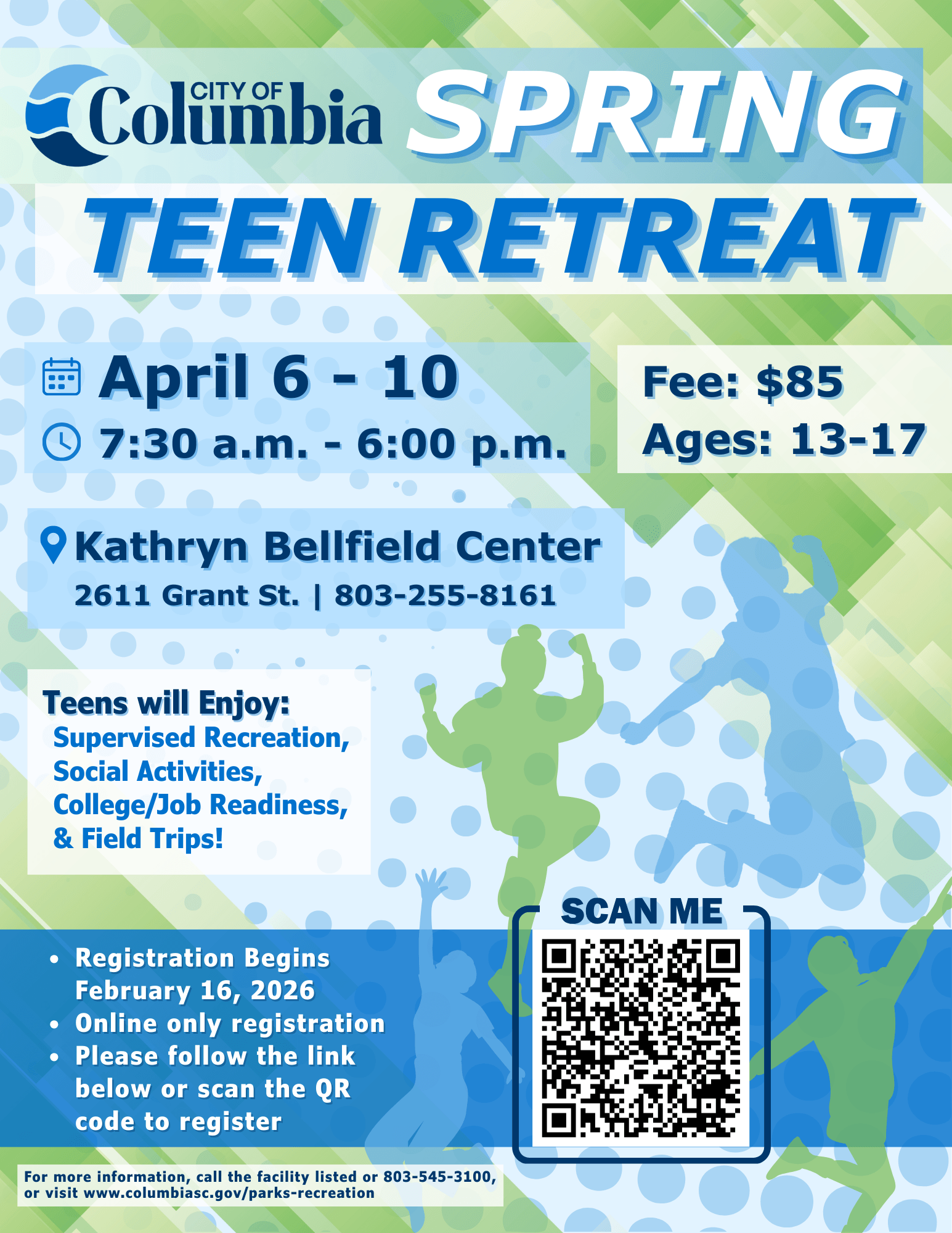 Spring Break Teen Camp flyer April 6-10th 7:30AM-6:00PM $85.00 AGES 13-17
